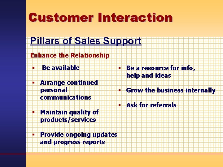 Customer Interaction Pillars of Sales Support Enhance the Relationship § Be available § Arrange