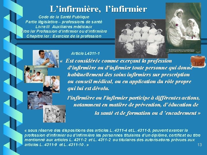 L’infirmière, l’infirmier Code de la Santé Publique Partie législative – professions de santé Livre