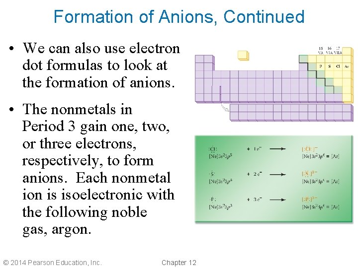 Formation of Anions, Continued • We can also use electron dot formulas to look