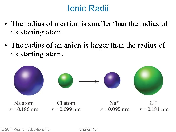 Ionic Radii • The radius of a cation is smaller than the radius of