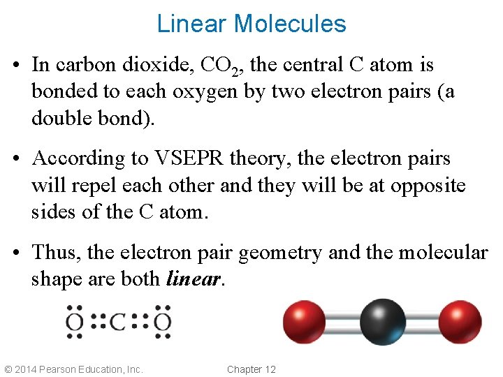 Linear Molecules • In carbon dioxide, CO 2, the central C atom is bonded