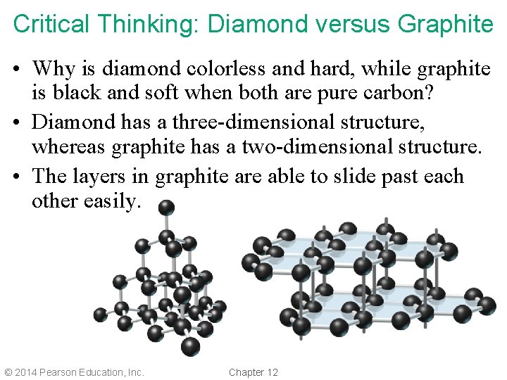 Critical Thinking: Diamond versus Graphite • Why is diamond colorless and hard, while graphite