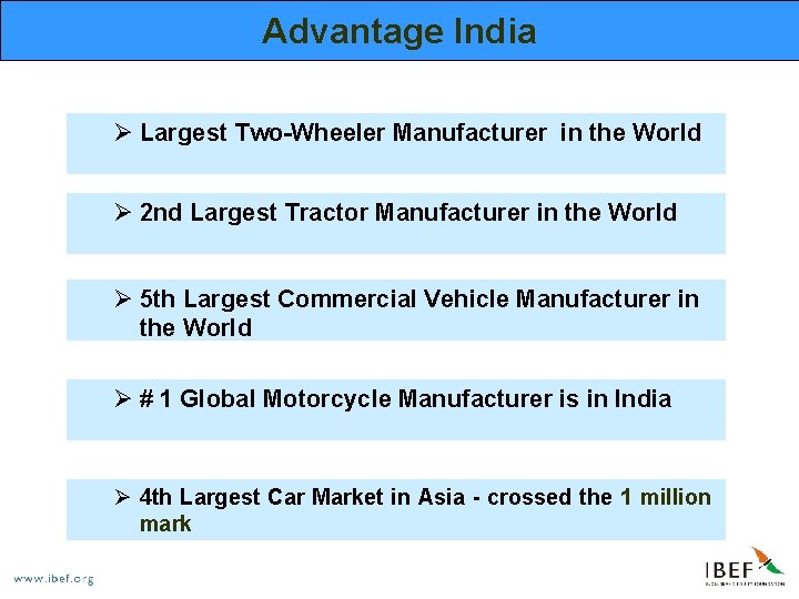 Advantage India Ø Largest Two-Wheeler Manufacturer in the World Ø 2 nd Largest Tractor