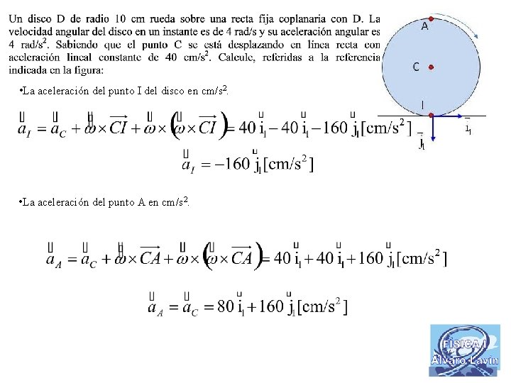  • La aceleración del punto I del disco en cm/s 2. • La