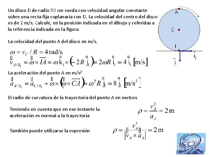 Un disco D de radio 50 cm rueda con velocidad angular constante sobre una