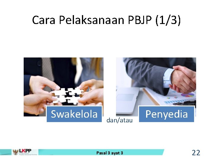 Cara Pelaksanaan PBJP (1/3) Swakelola dan/atau Pasal 3 ayat 3 Penyedia 22 