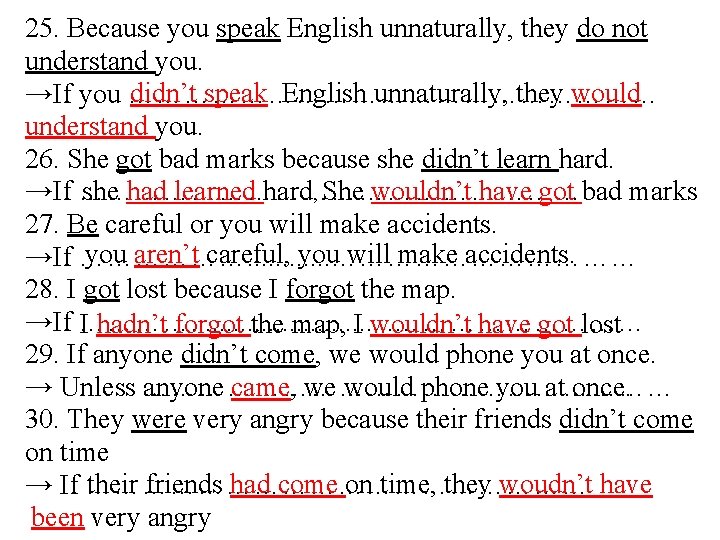 25. Because you speak English unnaturally, they do not understand you. didn’t speak English