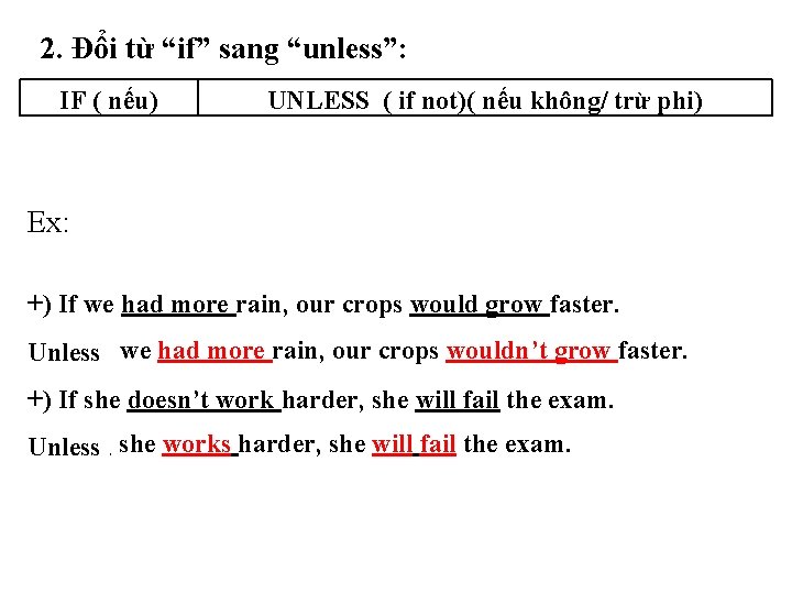 2. Đổi từ “if” sang “unless”: IF ( nếu) UNLESS ( if not)( nếu