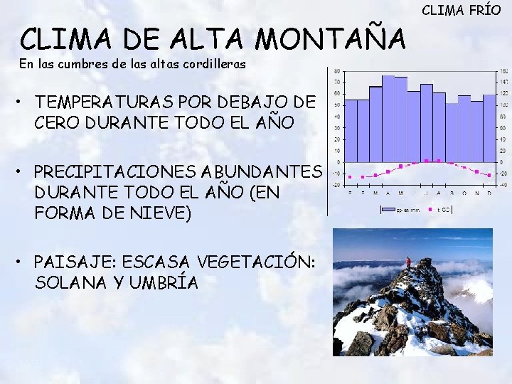 CLIMA DE ALTA MONTAÑA En las cumbres de las altas cordilleras • TEMPERATURAS POR CLIMA DE ALTA MONTAÑA En las cumbres de las altas cordilleras • TEMPERATURAS POR
