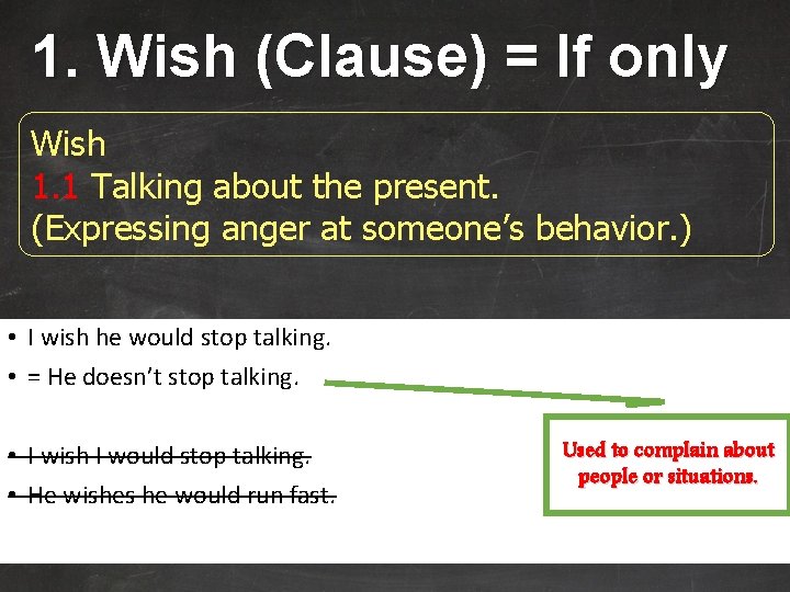 1. Wish (Clause) = If only Wish 1. 1 Talking about the present. (Expressing