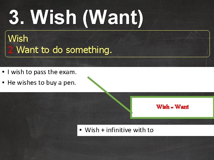 3. Wish (Want) Wish 2 Want to do something. • I wish to pass