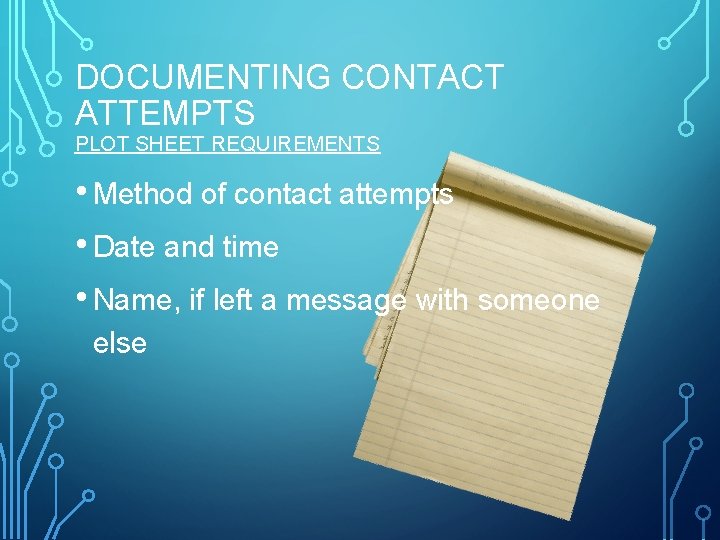 DOCUMENTING CONTACT ATTEMPTS PLOT SHEET REQUIREMENTS • Method of contact attempts • Date and