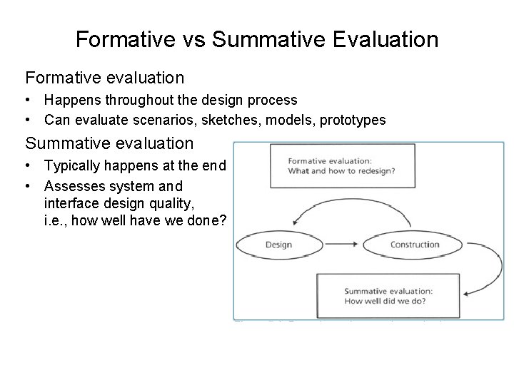 Formative vs Summative Evaluation Formative evaluation • Happens throughout the design process • Can