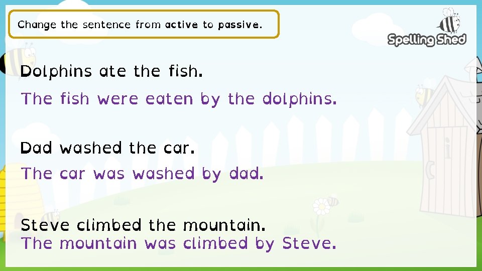 Change the sentence from active to passive. Dolphins ate the fish. The fish were
