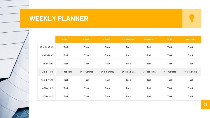 WEEKLY PLANNER SUNDAY MONDAY TUESDAY WEDNESDAY THURSDAY FRIDAY SATURDAY 09: 00 - 09: 45 WEEKLY PLANNER SUNDAY MONDAY TUESDAY WEDNESDAY THURSDAY FRIDAY SATURDAY 09: 00 - 09: 45