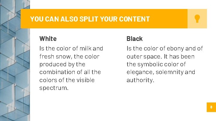 YOU CAN ALSO SPLIT YOUR CONTENT White Is the color of milk and fresh YOU CAN ALSO SPLIT YOUR CONTENT White Is the color of milk and fresh
