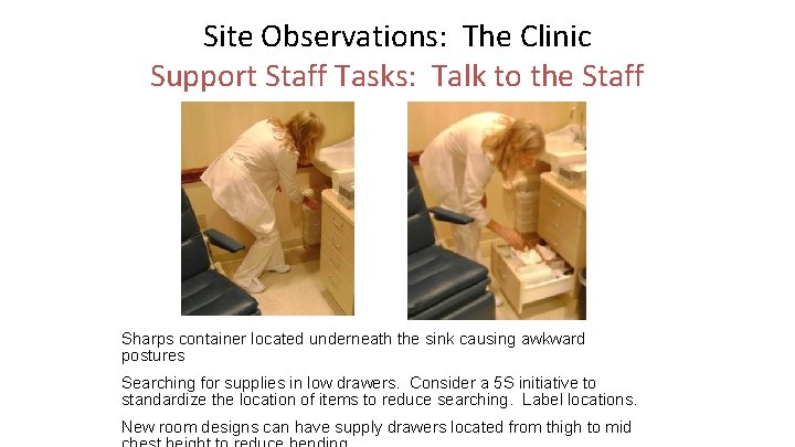 Site Observations: The Clinic Support Staff Tasks: Talk to the Staff Sharps container located