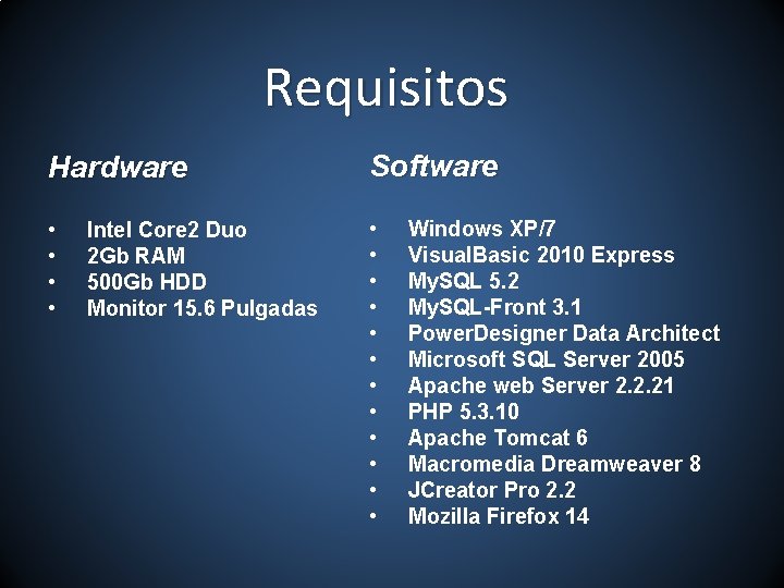 Requisitos Hardware Software • • • • Intel Core 2 Duo 2 Gb RAM