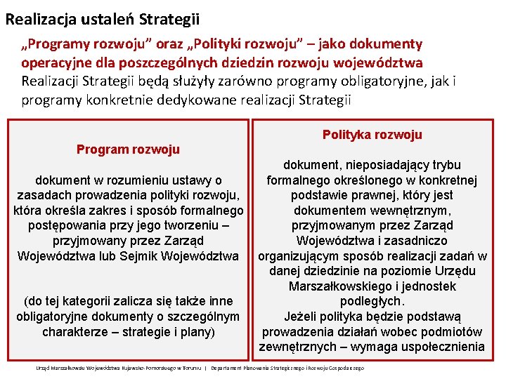 Realizacja ustaleń Strategii „Programy rozwoju” oraz „Polityki rozwoju” – jako dokumenty operacyjne dla poszczególnych