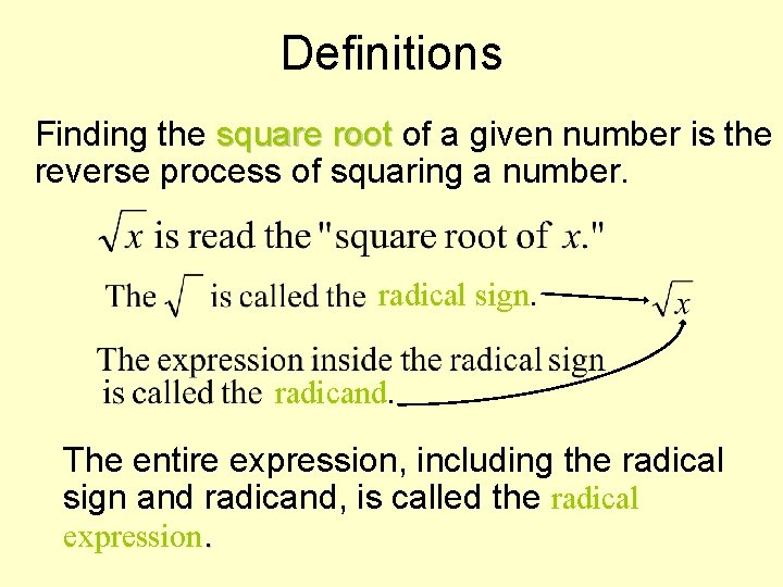 Definitions Finding the square root of a given number is the reverse process of