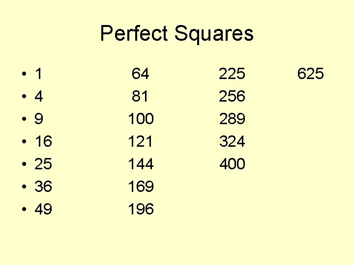 Perfect Squares • • 1 4 9 16 25 36 49 64 81 100