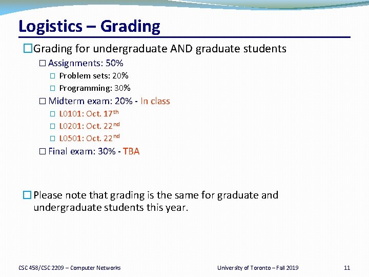 Logistics – Grading �Grading for undergraduate AND graduate students � Assignments: 50% � Problem