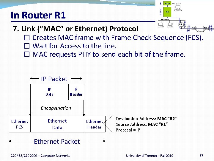 In Router R 1 7. Link (“MAC” or Ethernet) Protocol � Creates MAC frame