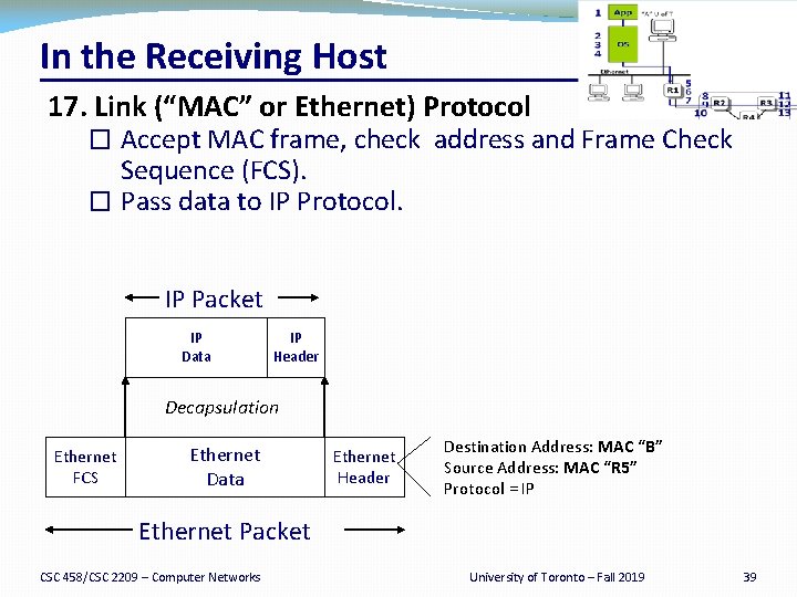 In the Receiving Host 17. Link (“MAC” or Ethernet) Protocol � Accept MAC frame,