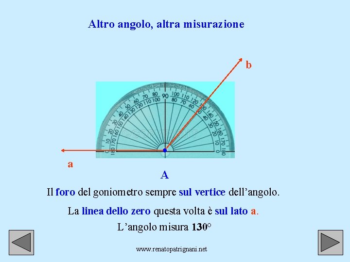 Altro angolo, altra misurazione b a . A Il foro del goniometro sempre sul