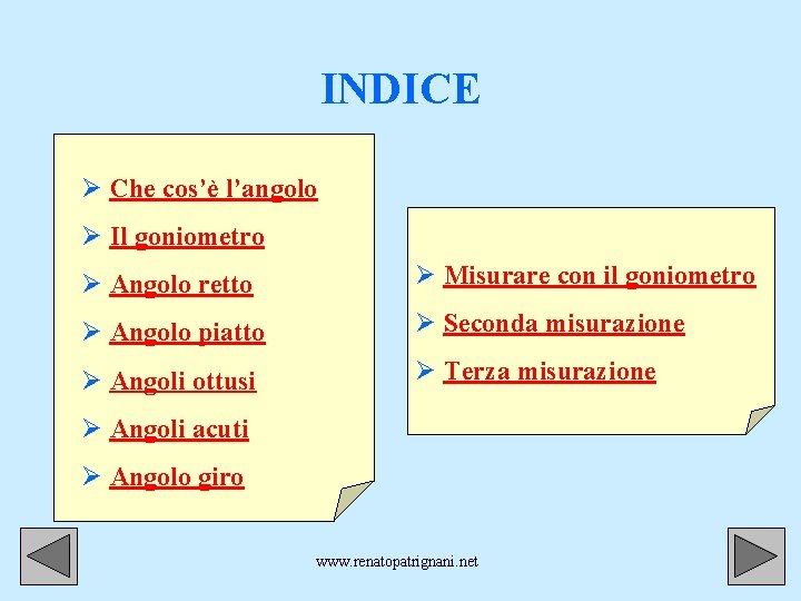 INDICE Ø Che cos’è l’angolo Ø Il goniometro Ø Angolo retto Ø Misurare con