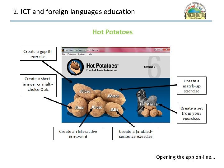2. ICT and foreign languages education Hot Potatoes Opening the app on-line… 