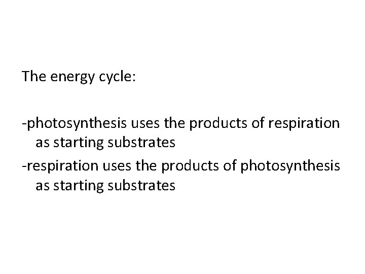 The energy cycle: -photosynthesis uses the products of respiration as starting substrates -respiration uses