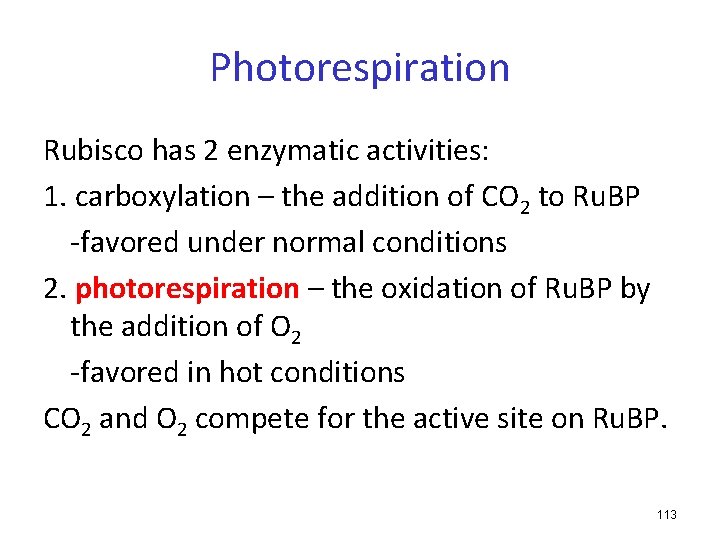 Photorespiration Rubisco has 2 enzymatic activities: 1. carboxylation – the addition of CO 2
