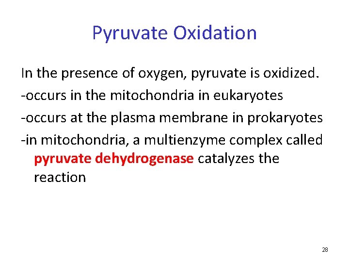 Pyruvate Oxidation In the presence of oxygen, pyruvate is oxidized. -occurs in the mitochondria