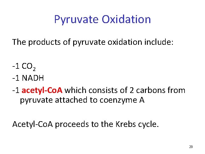 Pyruvate Oxidation The products of pyruvate oxidation include: -1 CO 2 -1 NADH -1
