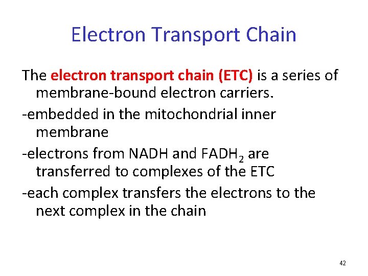 Electron Transport Chain The electron transport chain (ETC) is a series of membrane-bound electron