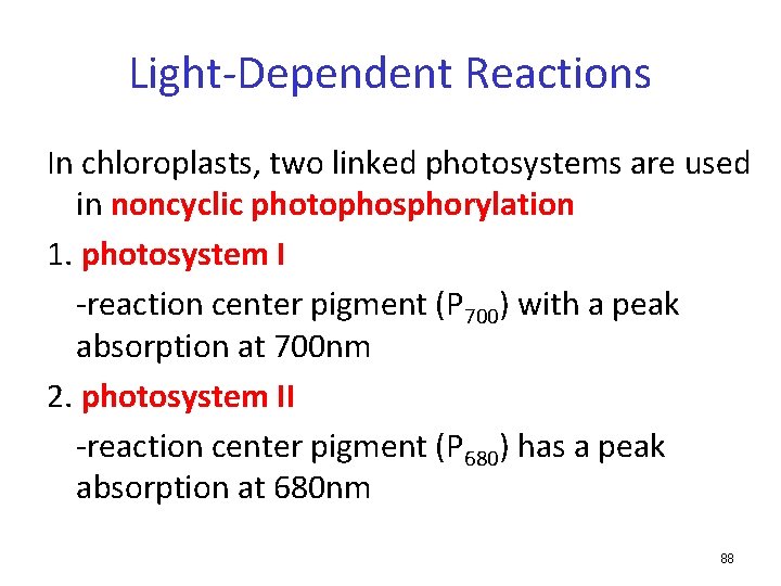Light-Dependent Reactions In chloroplasts, two linked photosystems are used in noncyclic photophosphorylation 1. photosystem