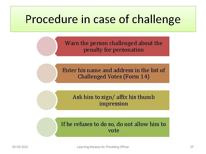 Procedure in case of challenge Warn the person challenged about the penalty for personation