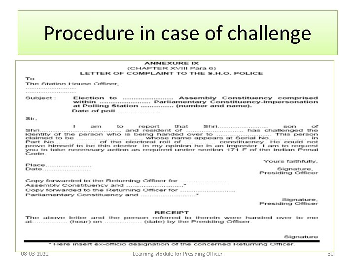 Procedure in case of challenge 08 -03 -2021 Learning Module for Presiding Officer 30