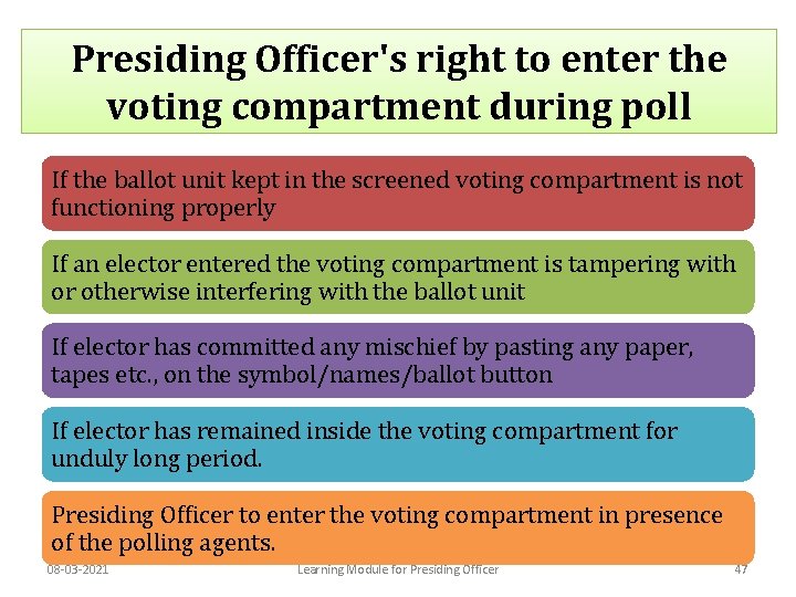 Presiding Officer's right to enter the voting compartment during poll If the ballot unit