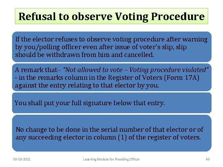 Refusal to observe Voting Procedure If the elector refuses to observe voting procedure after