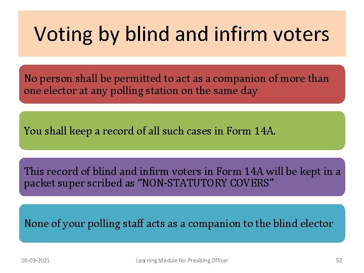 Voting by blind and infirm voters No person shall be permitted to act as