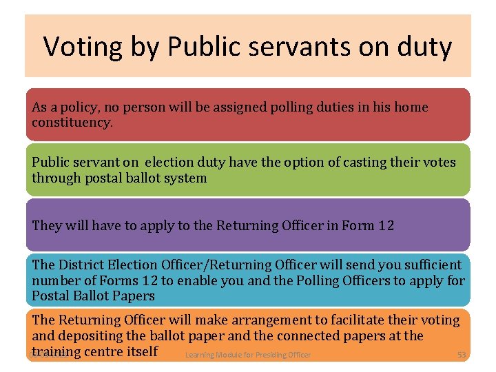 Voting by Public servants on duty As a policy, no person will be assigned