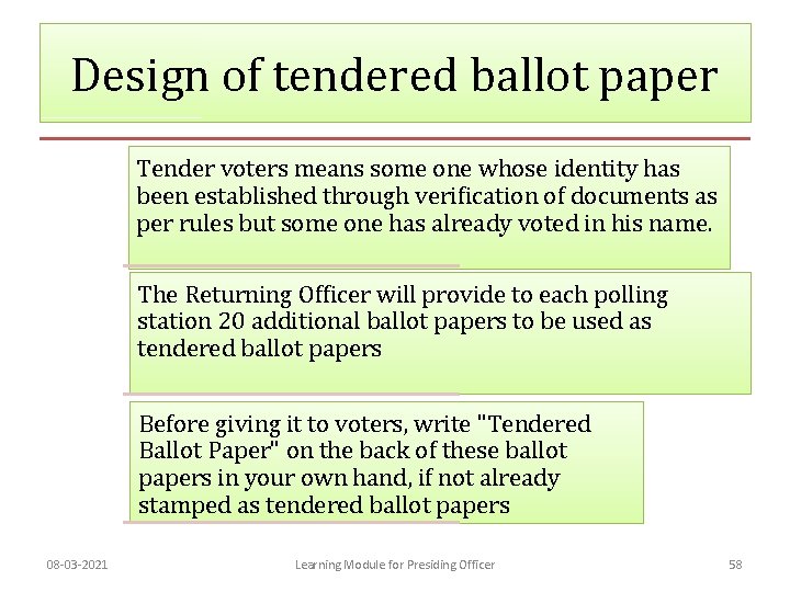 Design of tendered ballot paper Tender voters means some one whose identity has been