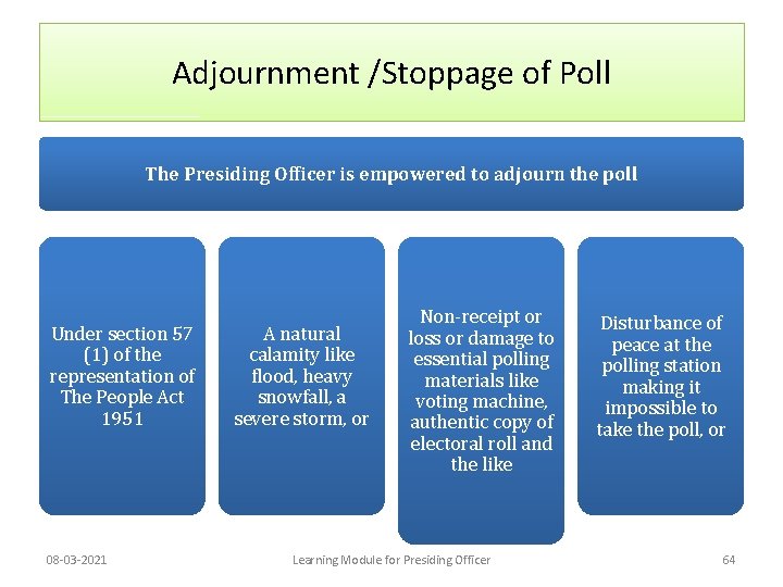 Adjournment /Stoppage of Poll The Presiding Officer is empowered to adjourn the poll Under