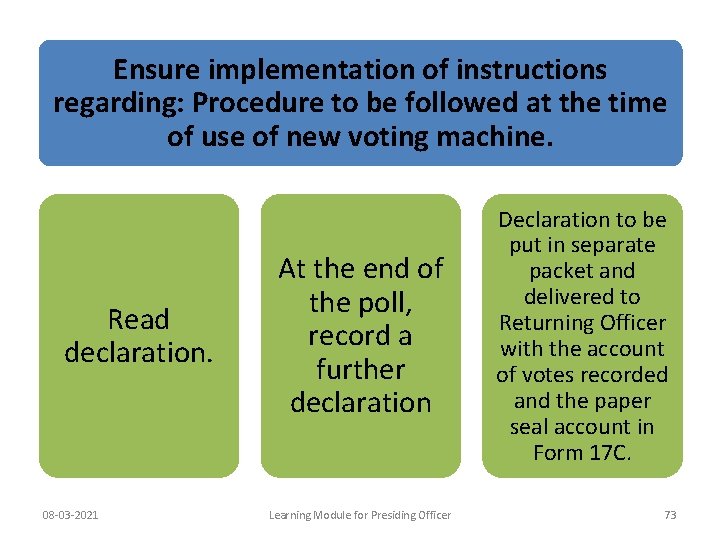 Ensure implementation of instructions regarding: Procedure to be followed at the time of use