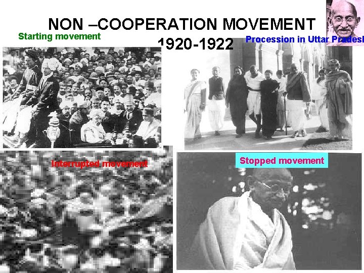 NON –COOPERATION MOVEMENT Starting movement Procession in Uttar Pradesh 1920 -1922 Interrupted movement Stopped