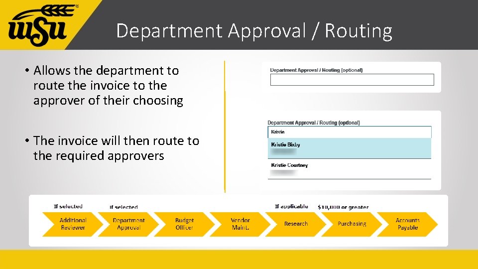 Department Approval / Routing • Allows the department to route the invoice to the