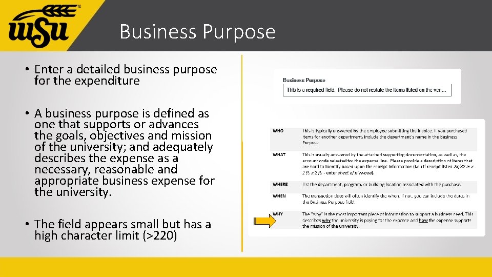 Business Purpose • Enter a detailed business purpose for the expenditure • A business