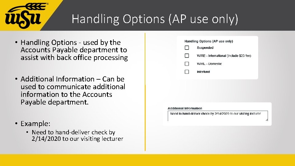 Handling Options (AP use only) • Handling Options - used by the Accounts Payable